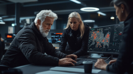 senior man and woman analyze data on computer in modern office. atmosphere is focused and collaborative, showcasing teamwork in high tech environment