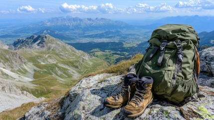A backpack and hiking boots resting on a rocky peak with a vast valley below, symbolizing adventure.