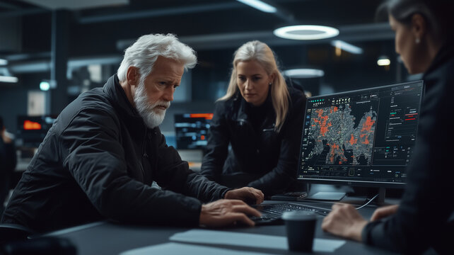 senior man and woman analyze data on computer in modern office. atmosphere is focused and collaborative, showcasing teamwork in high tech environment - Powered by Adobe