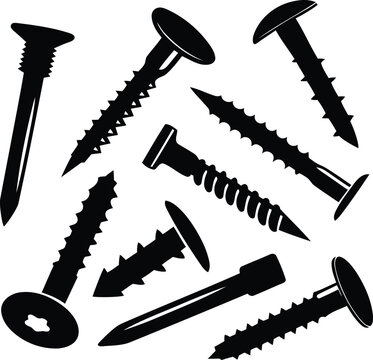 Black color various screws vector with transparent background, various screws silhouette vector, various screws line art vector illustration set