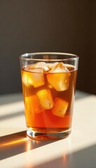 Glass of chilled tea with a sprinkle of ice cubes on a plain surface, solitude, tea