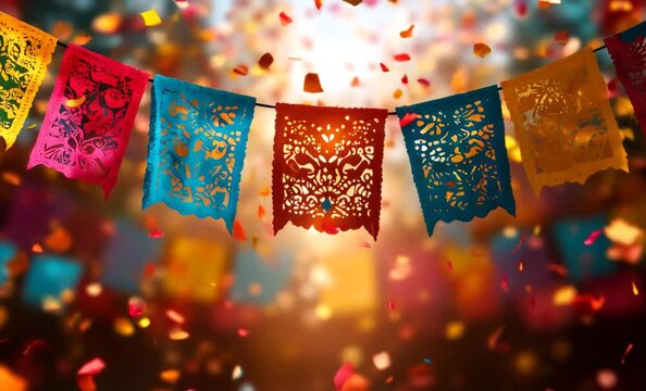 Colorful papel picado decorations hanging above a bed of confetti during a vibrant cinco de mayo celebration