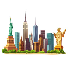 City Skyline with Statues and Skyscrapers, isolated on transparent or white background
