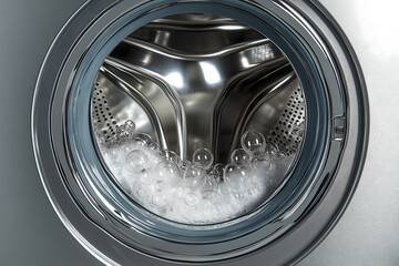 Detergent bubbles forming inside modern washing machine drum with stainless steel interior.