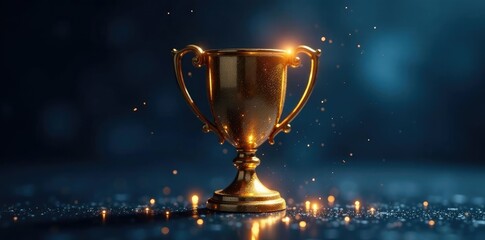 Golden trophy with glowing particles in a dark blue space, glow, art