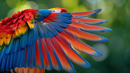 Obraz premium A majestic macaw spreading its wings wide against a lush green background