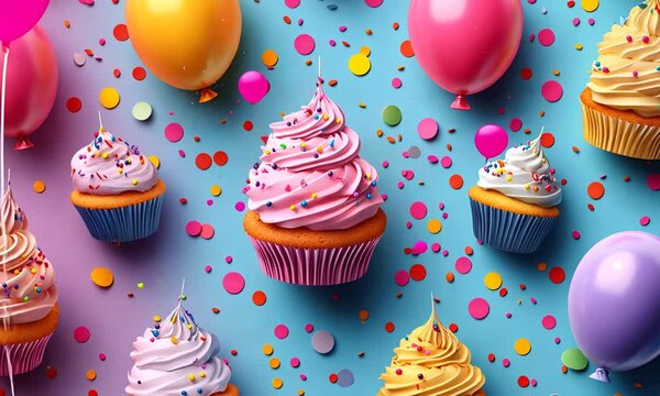 Delicious cupcakes topped with whipped cream, cherries, and colorful sprinkles create a festive scene alongside floating balloons