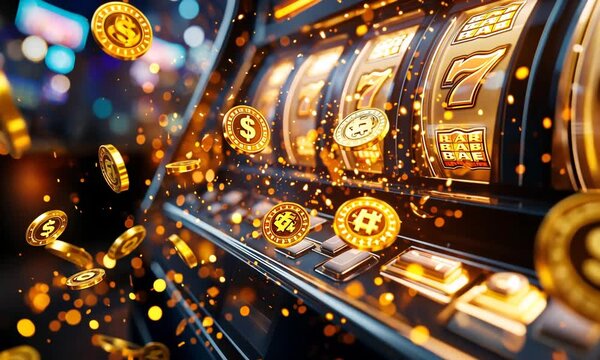 Slot machine showing triple seven jackpot and pouring golden coins, casino gambling concept	