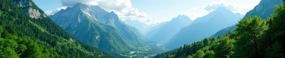 Fototapeta premium Lush green forest with towering mountain peaks, wilderness, granite, scenery