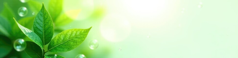 Lush green leaves against a soft white background with scattered soap bubbles, ambiance, serene