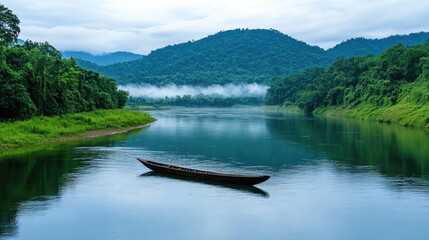 Obraz premium A lone boat drifting on a calm river, surrounded by lush green forests and misty mountains in the distance.