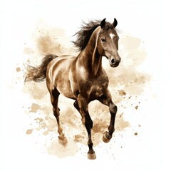 Fototapeta premium a graceful horse clipart, equine element, watercolor splash effect, sepia tones, isolated on white background