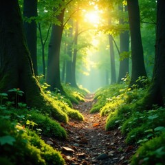 Sunlight streams through leaves, illuminating mossy forest path , environment, leaves, trees