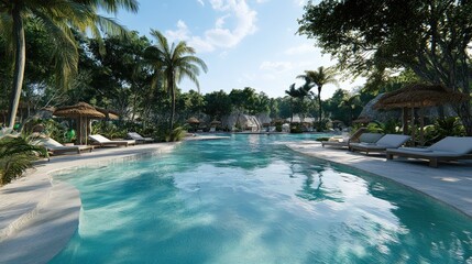 A luxury resort pool with lounge chairs and clear blue water, surrounded by lush greenery and palm trees.