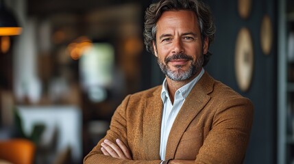 Fototapeta premium This photo captures a content businessman in a modern office, his arms crossed, proficient in entrepreneurial ideas.