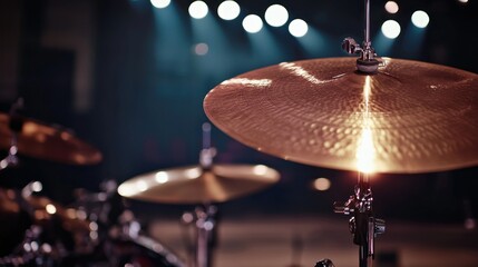 Fototapeta premium Stage drum cymbal close-up; blurred concert hall background