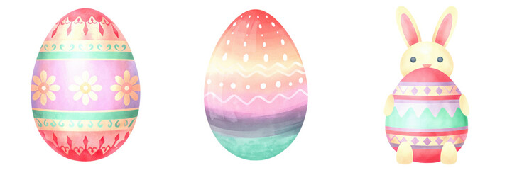 Decorative Easter eggs and a bunny on a black background.