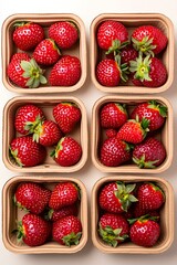 Sweet and juicy strawberries with fresh leaves in recyclable trays at a grocery store, encouraging sustainable shopping.