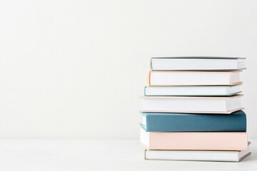 Fototapeta premium neatly stacked pile of colorful notebooks and assorted stationery items is artfully arranged on expansive white background