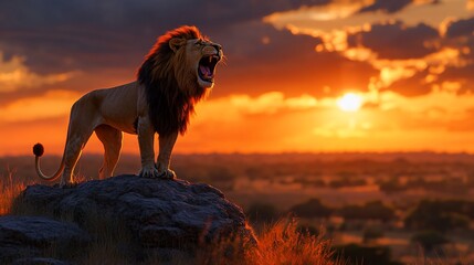 Naklejka premium Majestic Lion Roaring at Sunset over African Plains