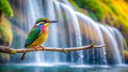 Obraz premium Vibrant Avian Resting on Branch Before Cascading Waterfall