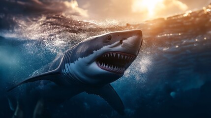 Naklejka premium Underwater apex predator: a great white shark lurking in the deep ocean.