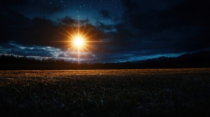 Starlit field, mystical night, bright light, rural landscape