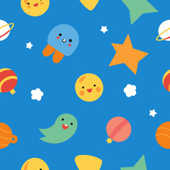 Fototapeta premium Cosmic Companions: Delightful illustrations of smiling planets, playful stars, and whimsical aliens create a cheerful and colorful pattern, transporting you to a friendly and imaginative galaxy.