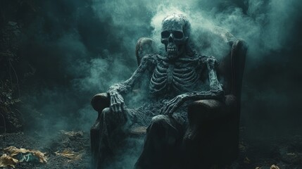 A haunting skeleton sits in a worn chair surrounded by swirling fog in an enchanted forest