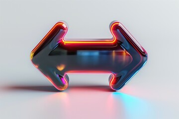 A vibrant 3D glossy arrow symbol featuring a colorful neon glow, pointing left and right, set against a clean, light background.