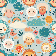 Seamless Pattern of Whimsical Animals: A delightful seamless pattern featuring a collection of cute, cartoonish animals like lions, sheep, and birds.