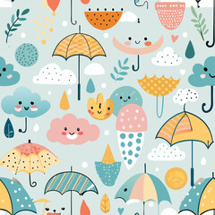 Naklejka premium Whimsical Weather Pattern: A cheerful and captivating pattern filled with delightful illustrations of umbrellas, clouds, and raindrops, embodying the whimsical charm of a lighthearted weather theme.