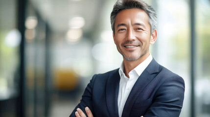 A cheerful professional in a stylish suit stands confidently in an office setting, reflecting a sense of success and approachability in a modern work environment.