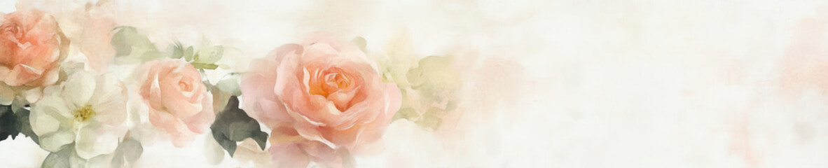 Soft pink roses and white flowers create delicate floral background, evoking sense of tranquility and beauty. Perfect for invitations or decor