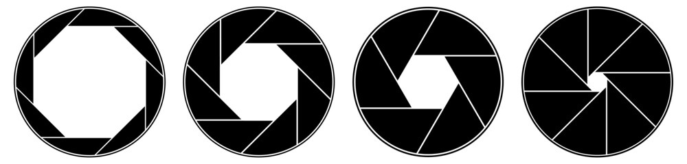Set of camera aperture illustration showing different f-stop settings. Isolated background graphic representation of camera iris controlling light exposure.