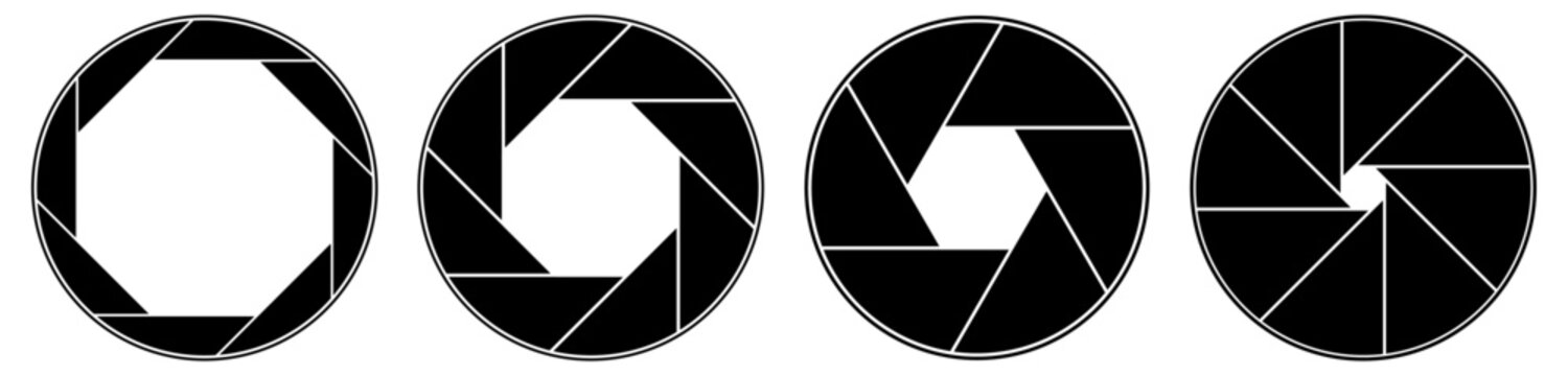 Set of camera aperture illustration showing different f-stop settings. Isolated background graphic representation of camera iris controlling light exposure.