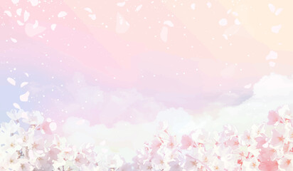 Full bloom sakura and pink skies vector design background. Spring fairytale backdrop. Pink japanese cherry blossom. Watercolor style texture. Delicate card. Elegant decoration. Fantasy pastel color