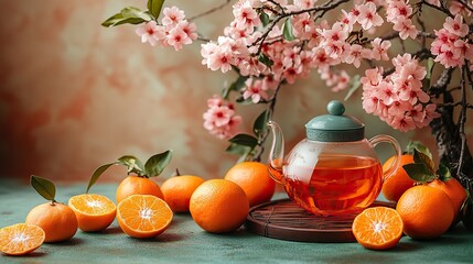 This top view captures the magic of Chinese New Year with a family's cherished teapot, tangerines, and sakura on a pastel beige background with space for your text.