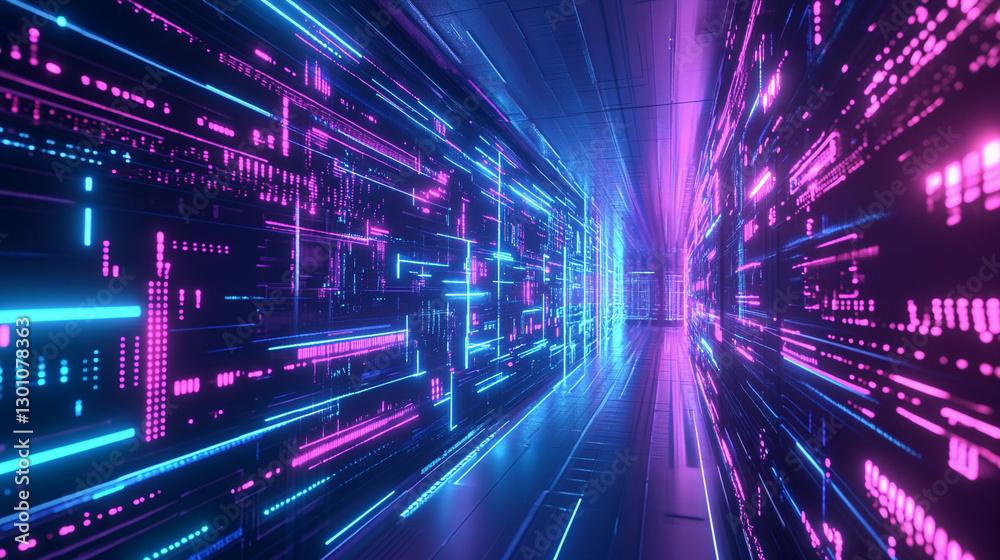 Poster vibrant corridor of glowing lines creating a hyper-realistic technology-themed backdrop showcasing a