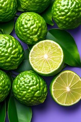 Obraz premium Whole and sliced bergamots arranged on a deep purple surface, perfect for a refreshing and citrus-theme concept.