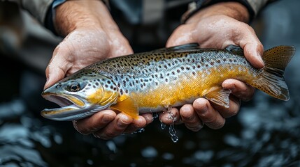 Obraz premium Angler beams with pride, holding a vibrant brown trout above tranquil waters