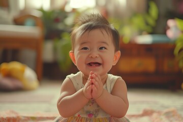 A joyful Asian baby girl claps her hands in playful excitement while sitting indoors, surrounded by plants and soft lighting.