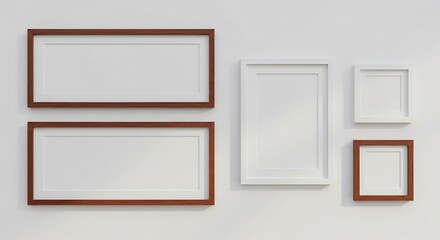 Empty picture frames neatly arranged on a white wall subtly lit. AI Generated