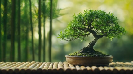 Bonsai Tree on Wooden Table