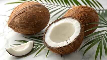 Fresh Tropical Coconut Whole & Halved with Natural Texture V2