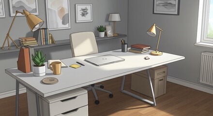 Serene Home Office Soft Light Illuminates Workspace. AI Generated