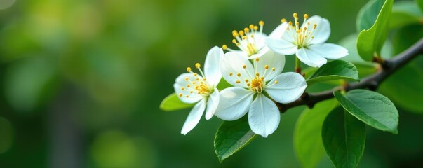 Obraz premium White flower clusters on dark green shrub branches, yellow stamens, spring, scentless mock orange