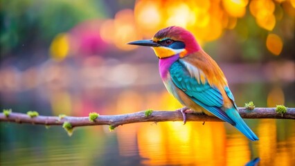 Obraz premium A Vibrant Rainbow-Colored Bird Perched on a Branch Near a Calm Body of Water at Sunset