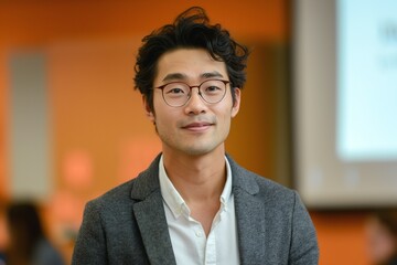 A young Asian man in a gray blazer and glasses smiles warmly in a bright, modern setting.