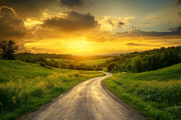 Obraz premium Beautiful photograph of an empty country road with a dramatic sky and lightning during a thunderstorm at sunset.